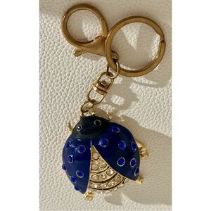 Blue Rhinestone Ladybug Keychain Gold Tone Enamel Crystal Bug Charm